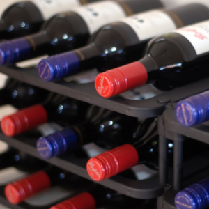 Close-up shot of wine bottles on a Vinrac wine rack.