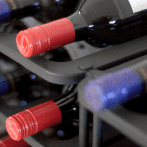 Close-up shot of wine bottles on a Vinrac wine rack.