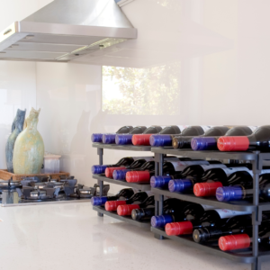 Vinrac wine racks on top of a kitchen bench.