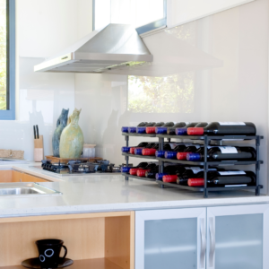 Vinrac wine racks on top of a kitchen bench.