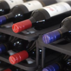 Close-up shot of wine bottles on a Vinrac wine rack.