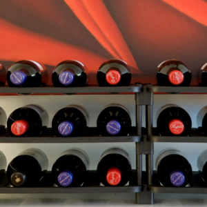 Front-view of wine bottles on a Vinrac wine rack.