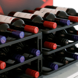 Close-up shot of wine bottles on a Vinrac wine rack.