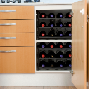 Vinrac wine racks inside of a kitchen cupboard.